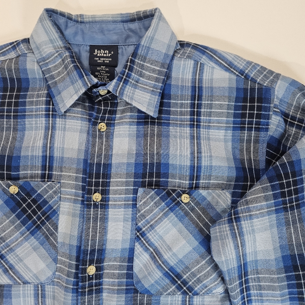 John Blair Mens Flannel Shirt Medium Blue‎ Plaid Button Down Classic Outdoor
